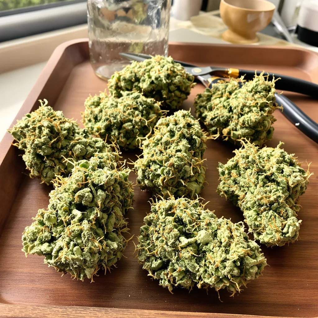 Blue Dream 19% indica / 81% sativa flower with visible trichomes