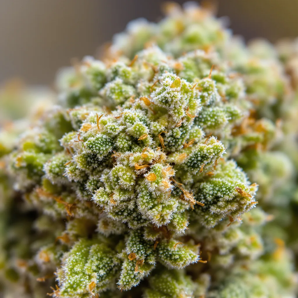Blue Dream cannabis bud close-up showing lime-green airy structure