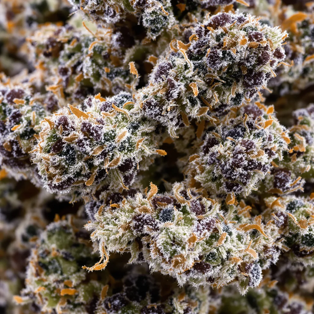 Blue Dynamite cannabis bud close-up showing dense purple-tinged calyxes