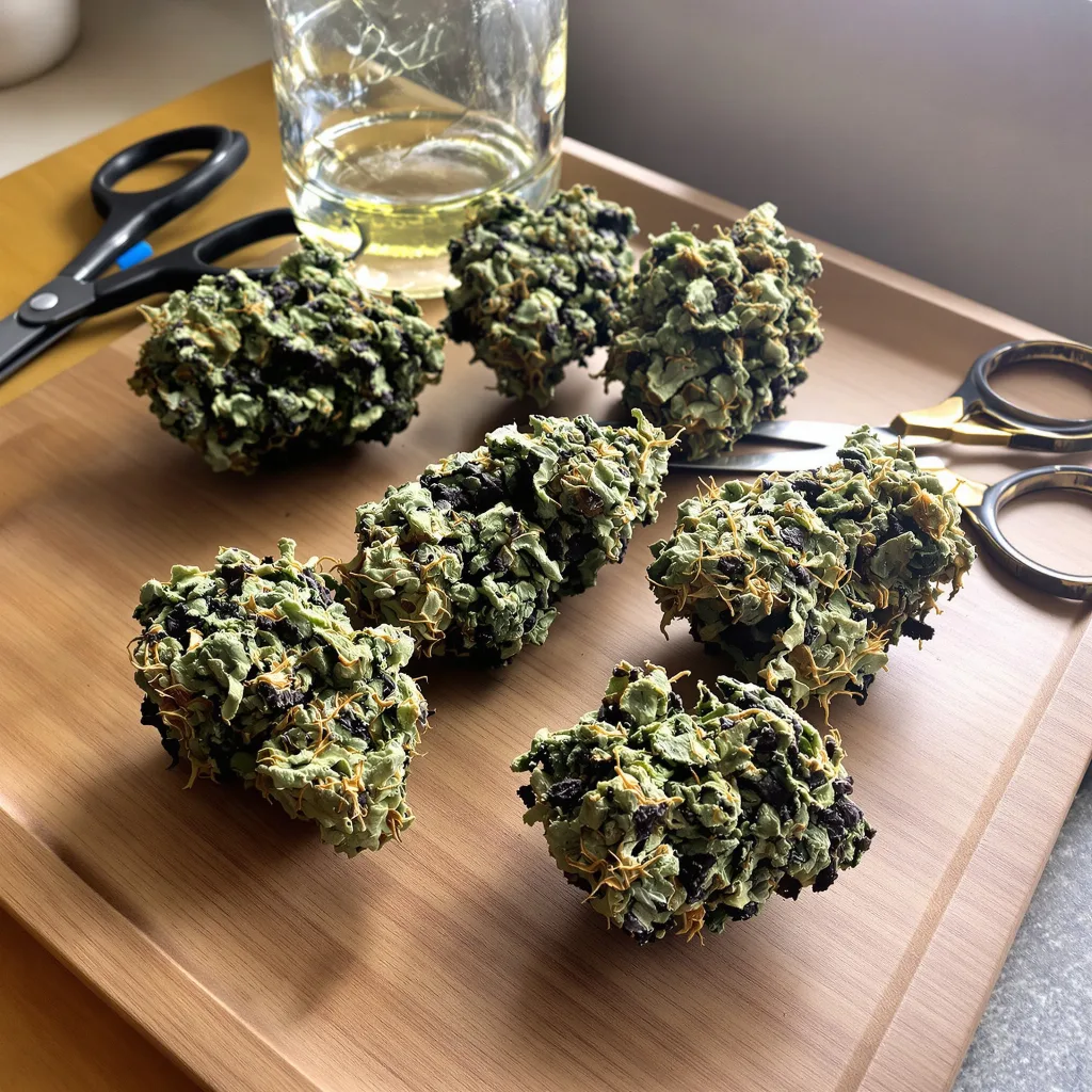 Blue Dynamite 65% indica / 35% sativa flower with visible trichomes