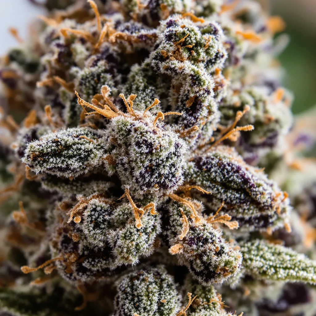 Blue Dynamite cannabis bud close-up showing dense purple-tinged calyxes