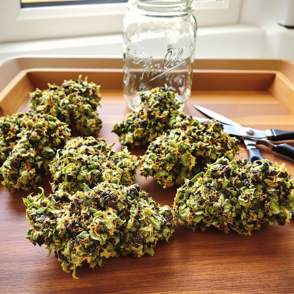 Blue Fruit 86% indica / 14% sativa flower with visible trichomes