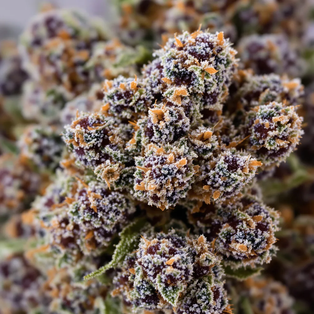 Blue Fruit cannabis bud close-up showing dense purple-tinged calyxes