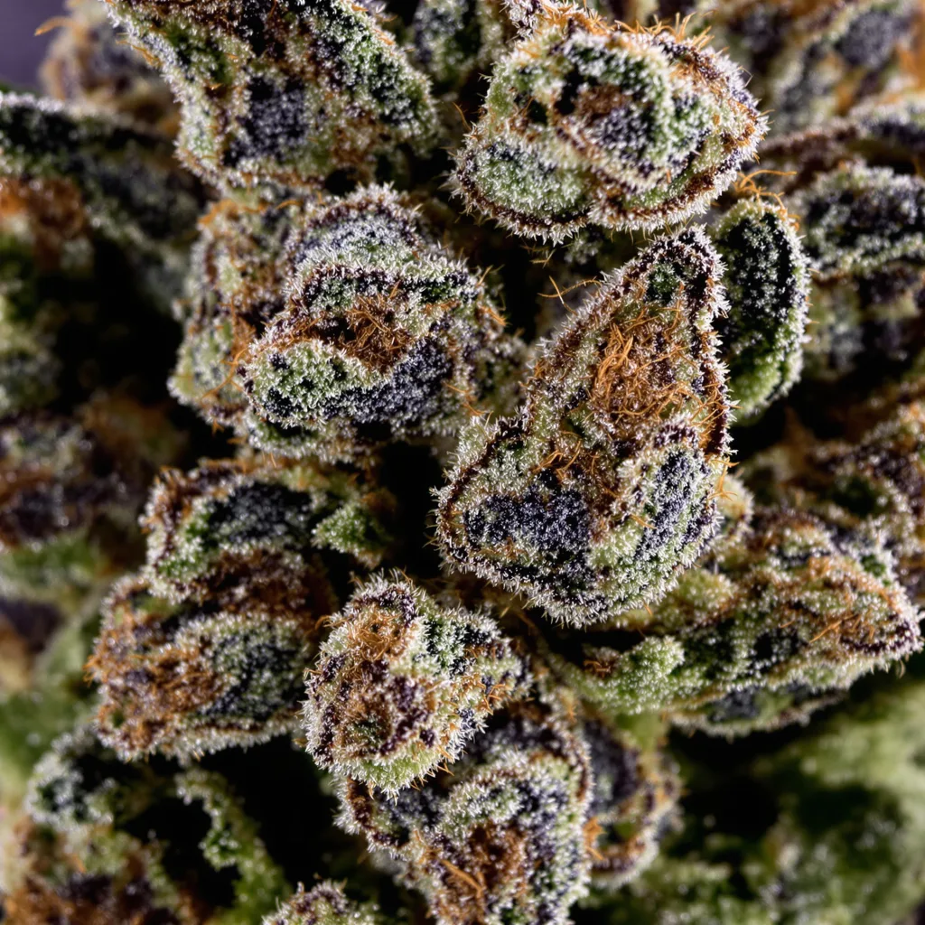 Blue Jack City cannabis bud close-up showing dense purple-tinged calyxes