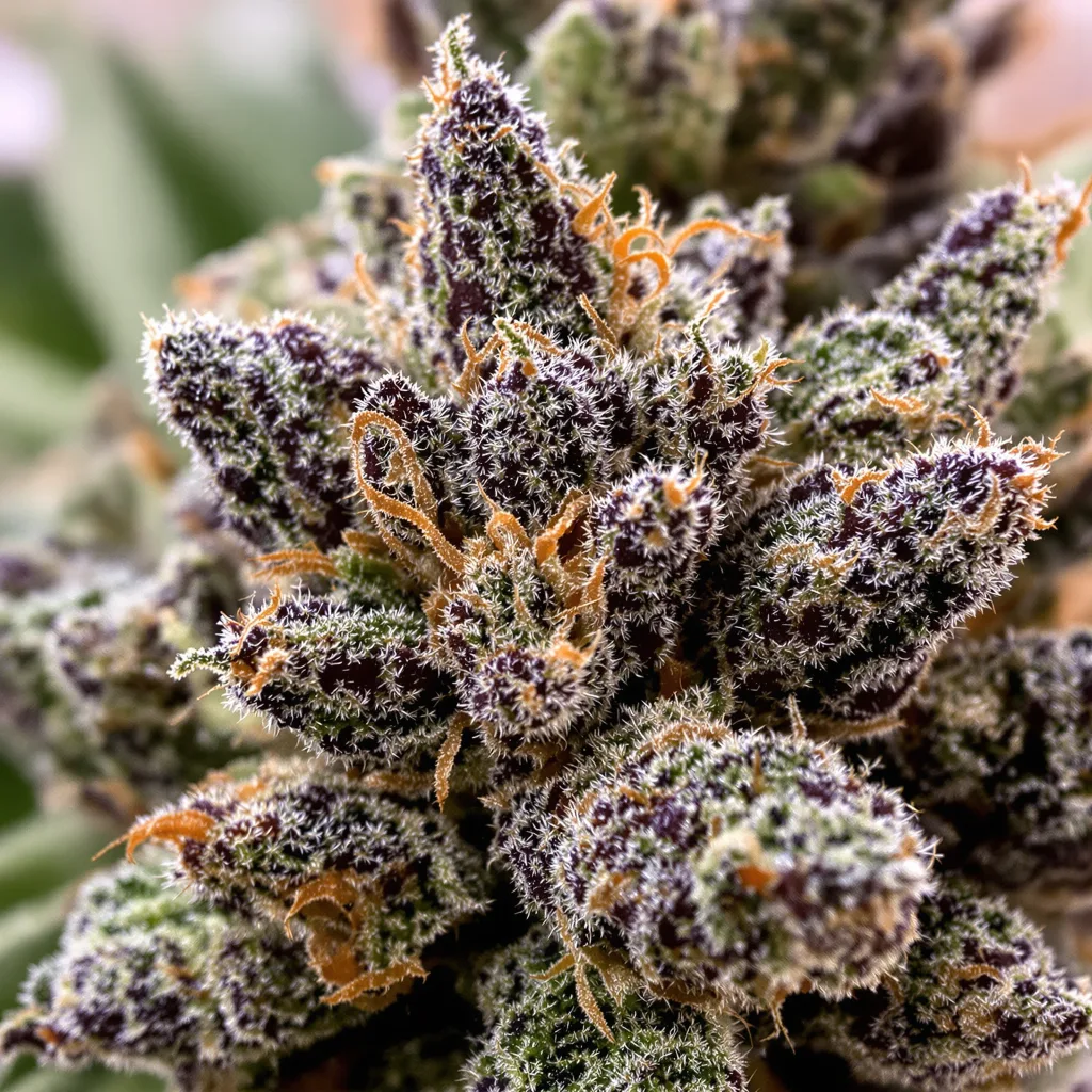 Blue Knight cannabis bud close-up showing dense purple-tinged calyxes
