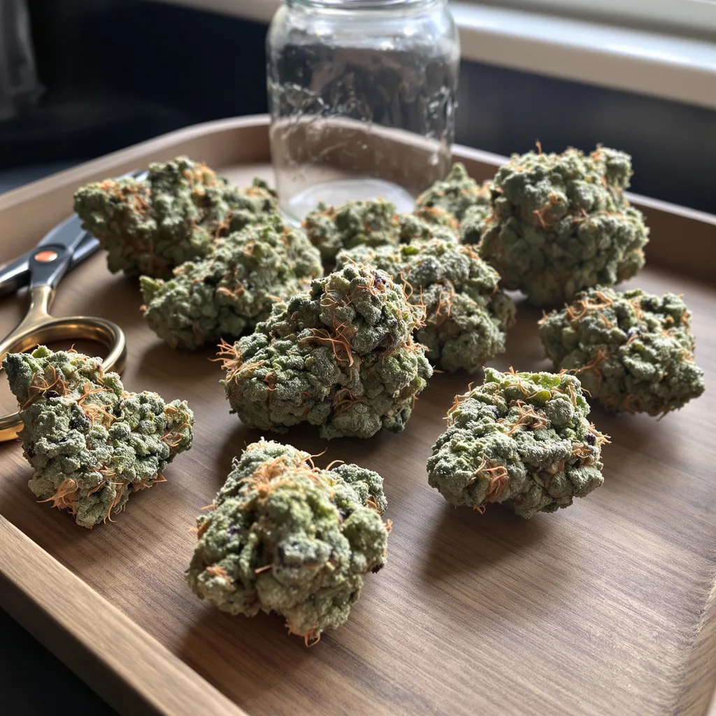 Blue Kush 55% indica / 45% sativa flower with visible trichomes