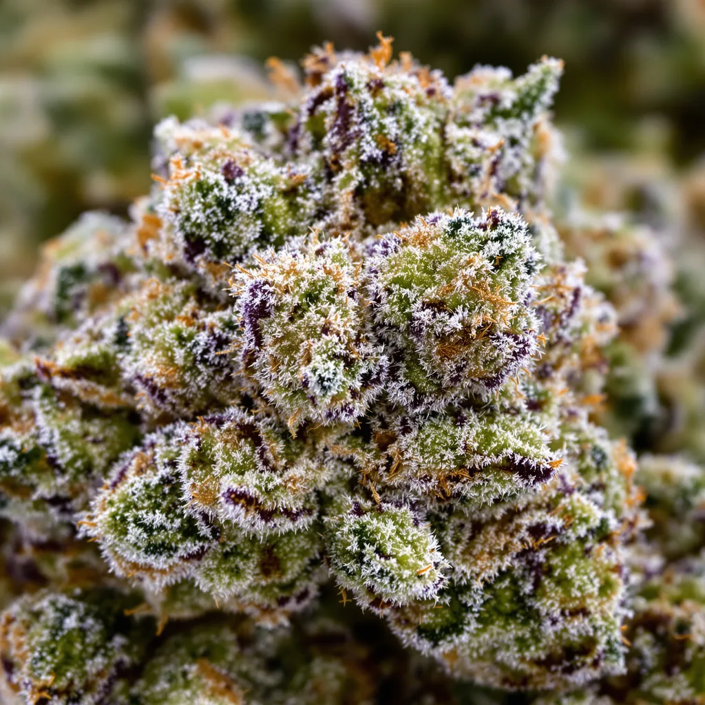 Blue Kush cannabis bud close-up showing balanced bud structure with frosted trichomes