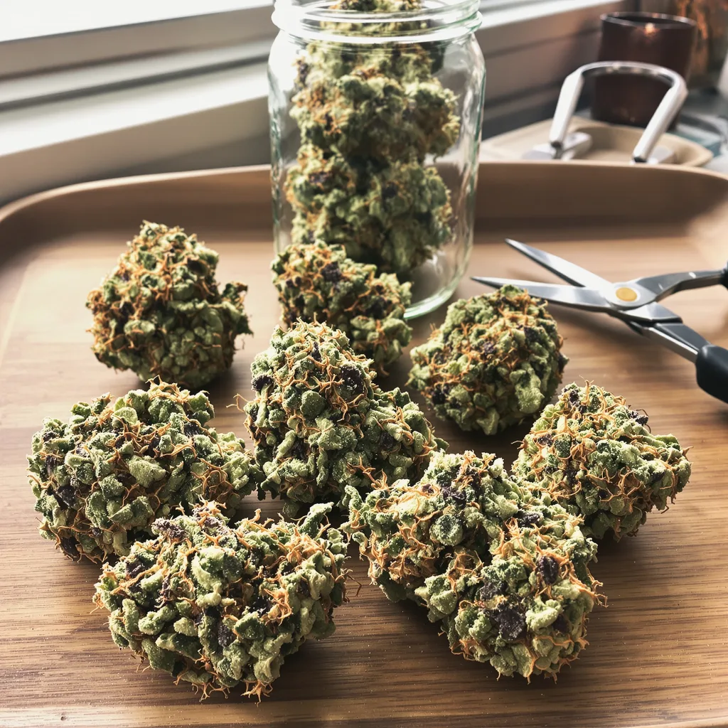 Blue Kush 55% indica / 45% sativa flower with visible trichomes
