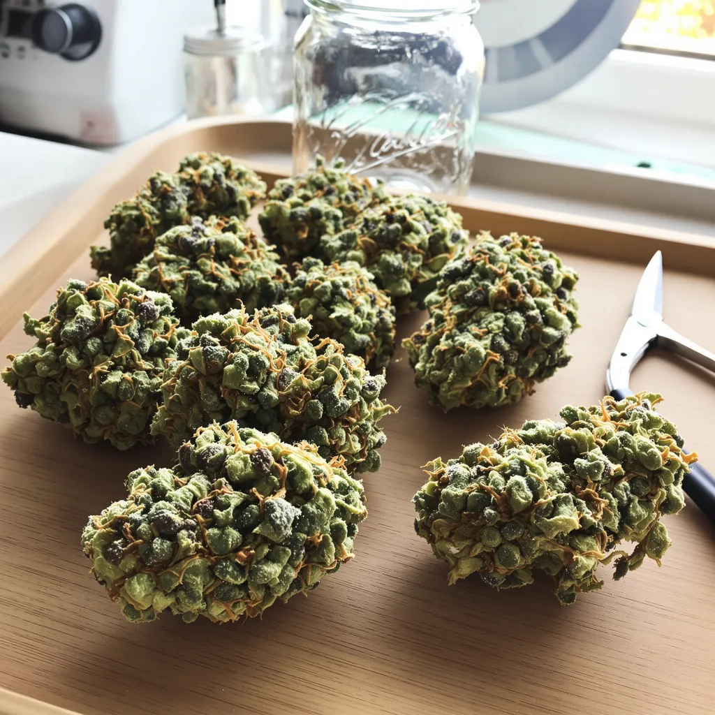Blue Lyly 54% indica / 46% sativa flower with visible trichomes