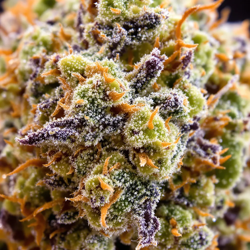 Blue Mango cannabis bud close-up showing open-bud structure with orange pistils