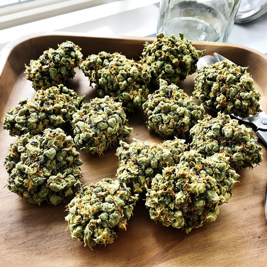 Blue Mango 40% indica / 60% sativa flower with visible trichomes