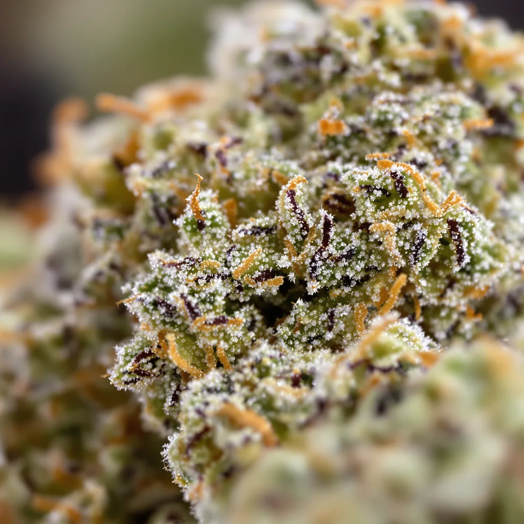 Blue Mango cannabis bud close-up showing open-bud structure with orange pistils
