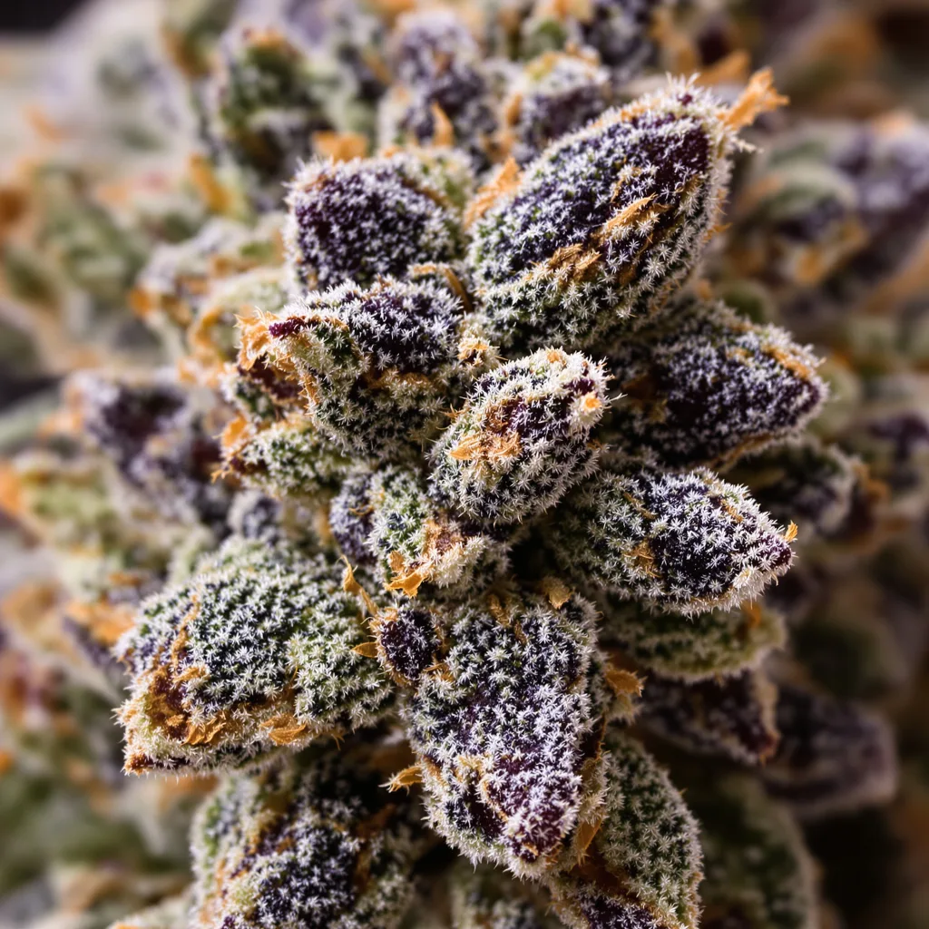 Blue Monster cannabis bud close-up showing dense purple-tinged calyxes