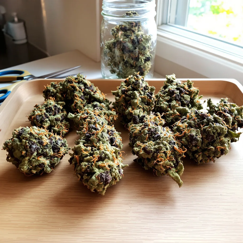 Blue Ox 67% indica / 33% sativa flower with visible trichomes