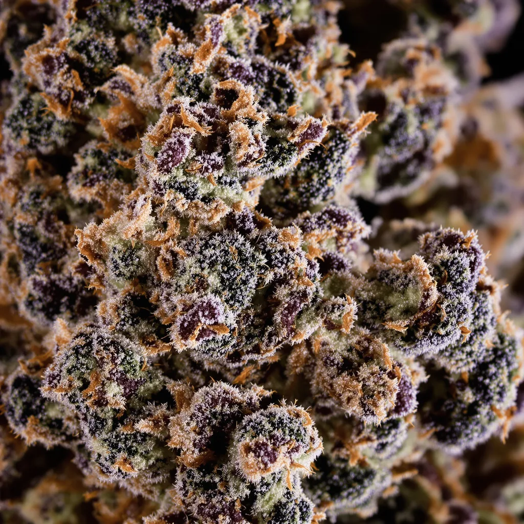 Blue Ox cannabis bud close-up showing dense purple-tinged calyxes
