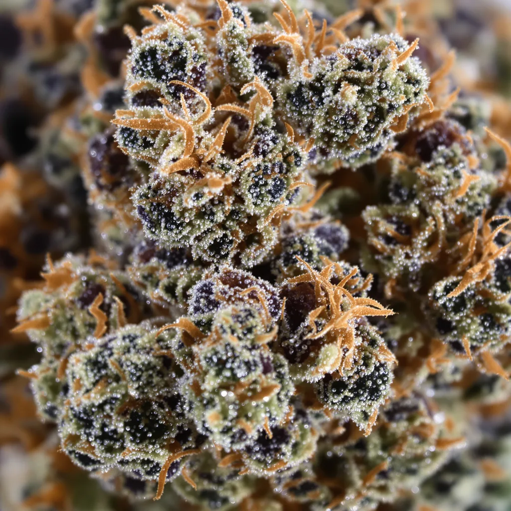 Blue Ox cannabis bud close-up showing dense purple-tinged calyxes