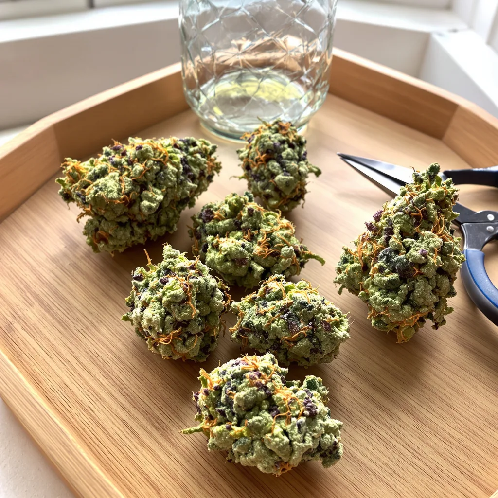 Blue Power 55% indica / 45% sativa flower with visible trichomes