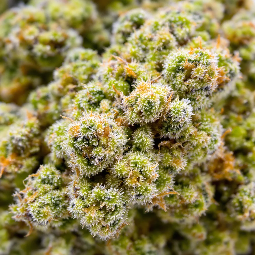 Blue Princess cannabis bud close-up showing lime-green airy structure