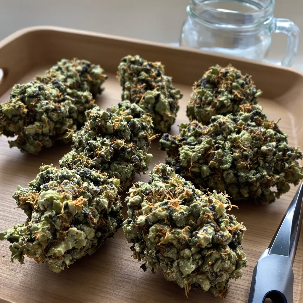 Blue Widow 76% indica / 24% sativa flower with visible trichomes