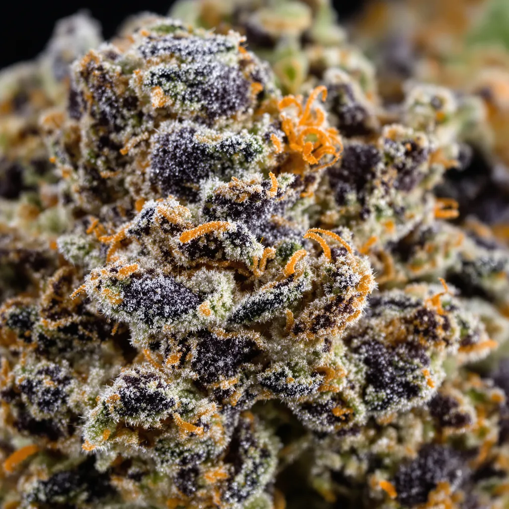 Blue Widow cannabis bud close-up showing dense purple-tinged calyxes