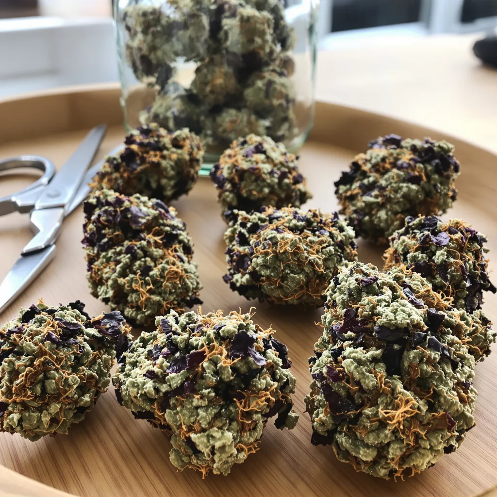 Blue Zombie 66% indica / 34% sativa flower with visible trichomes