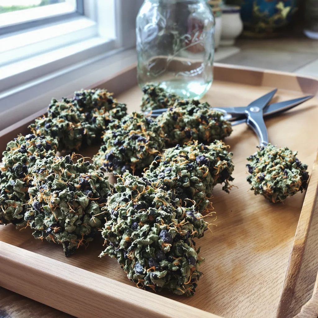 Blueberry 80% indica / 20% sativa flower with visible trichomes
