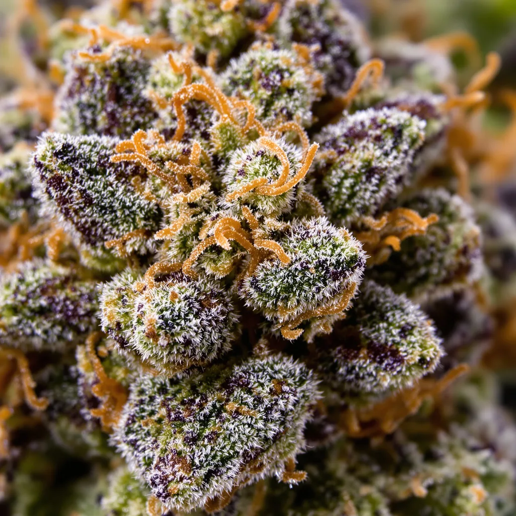 Blueberry cannabis bud close-up showing dense purple-tinged calyxes