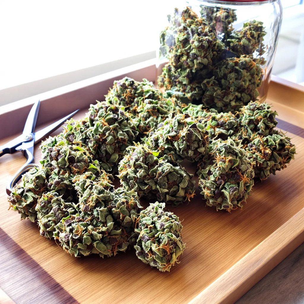 Blueberry Haze 40% indica / 60% sativa flower with visible trichomes