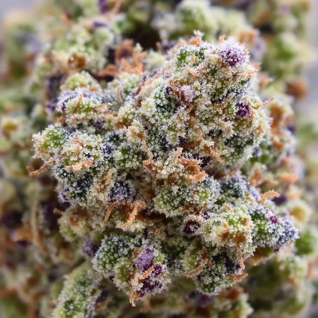 Blueberry Haze cannabis bud close-up showing open-bud structure with orange pistils