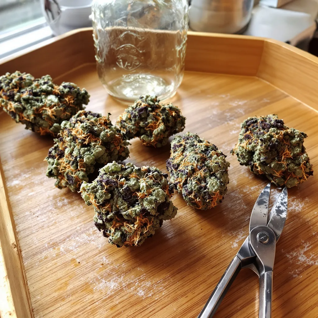 Blueberry Kush 80% indica / 20% sativa flower with visible trichomes