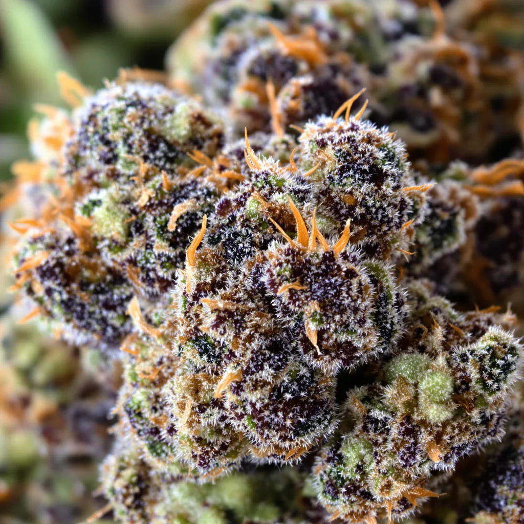 Blueberry Kush cannabis bud close-up showing dense purple-tinged calyxes