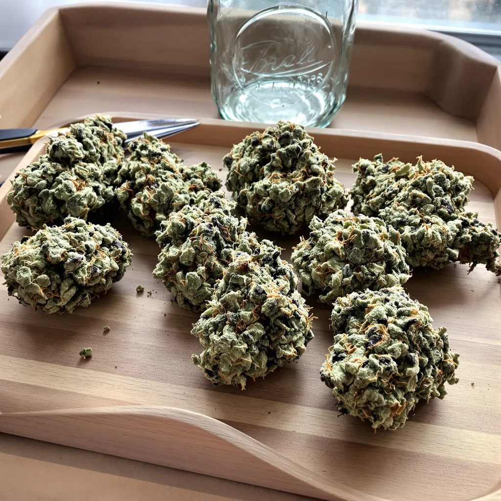 Bluniverse 43% indica / 57% sativa flower with visible trichomes