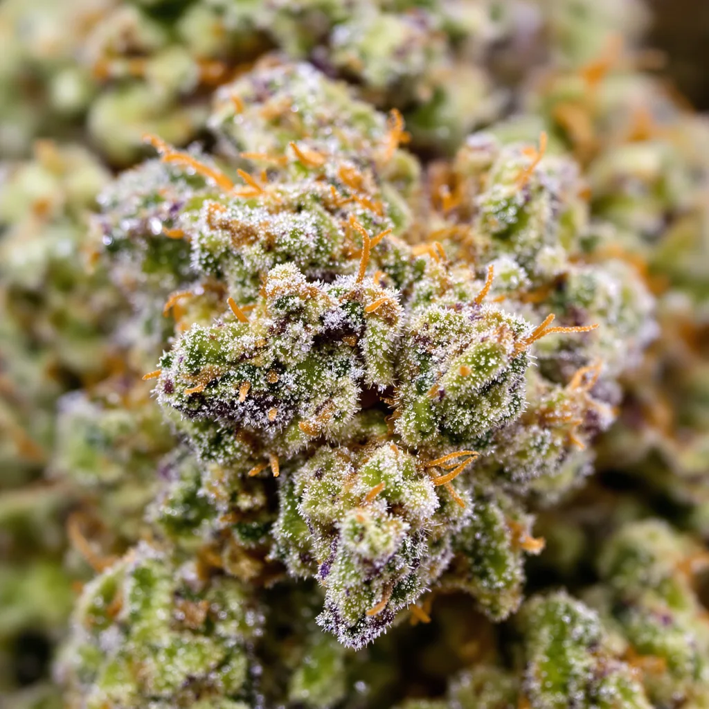 Bluniverse cannabis bud close-up showing balanced bud structure with frosted trichomes