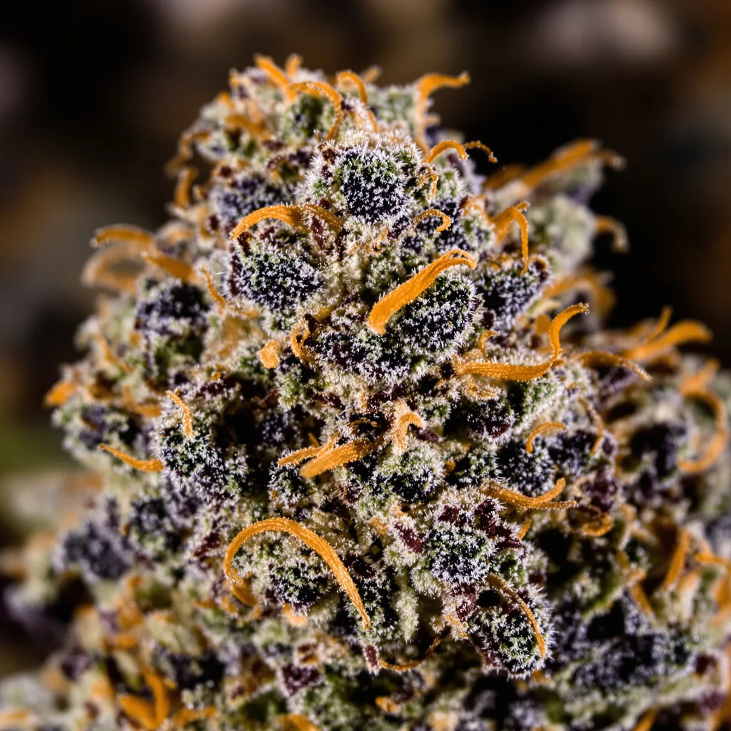 Brains Damage cannabis bud close-up showing dense purple-tinged calyxes