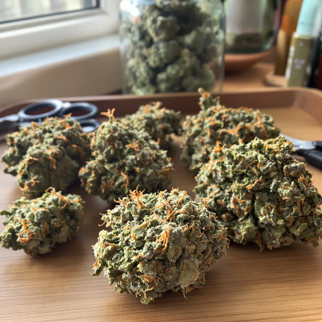 Brainwreck 40% indica / 60% sativa flower with visible trichomes
