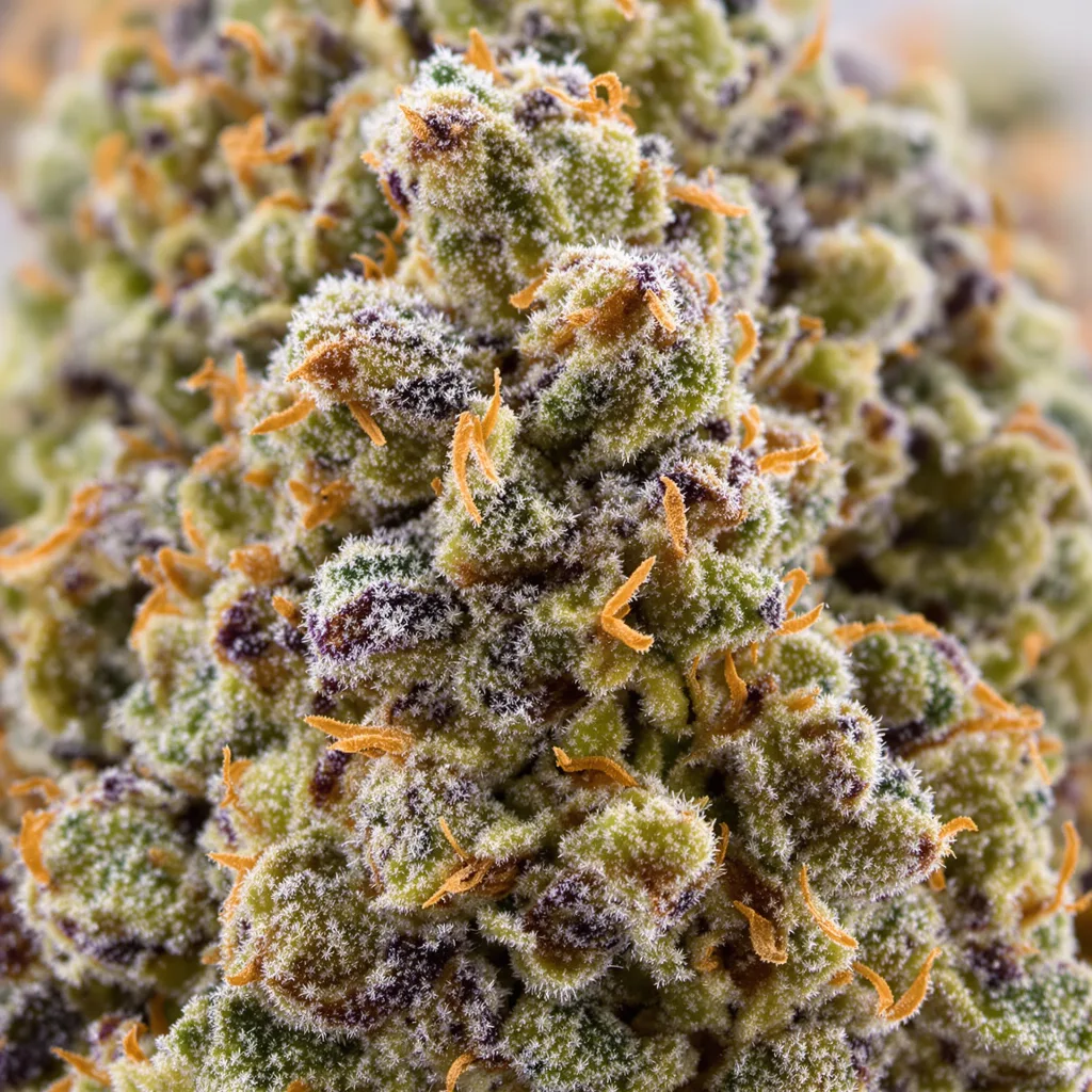 Brainwreck cannabis bud close-up showing open-bud structure with orange pistils