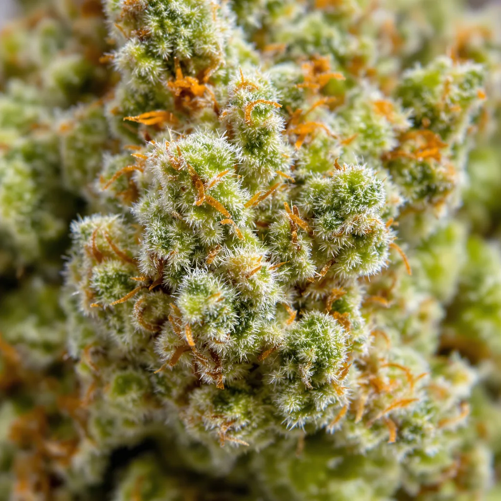 Bruce Almighty cannabis bud close-up showing lime-green airy structure