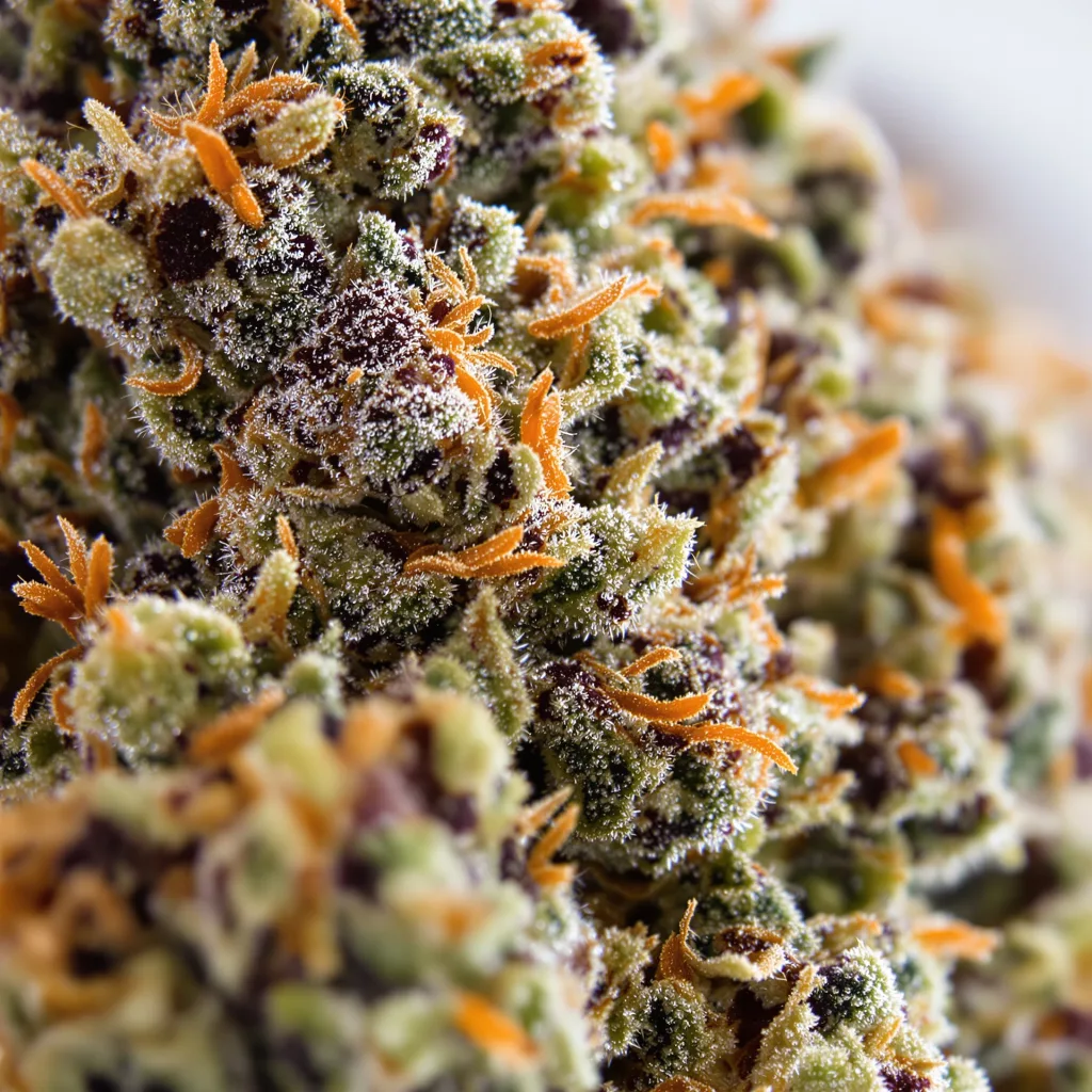 Bubba Kush cannabis bud close-up showing dense purple-tinged calyxes