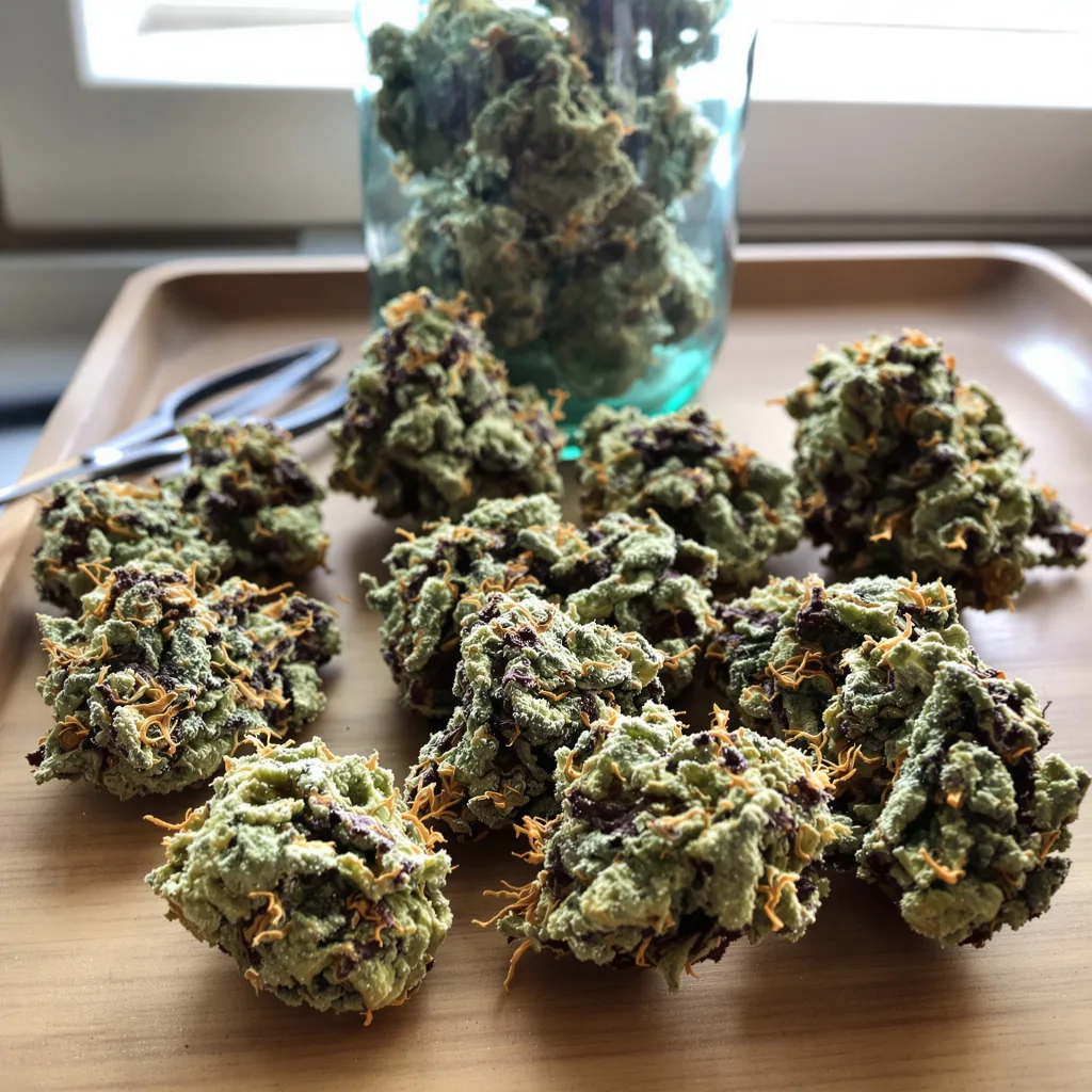 Bubbleberry 50% indica / 40% sativa flower with visible trichomes