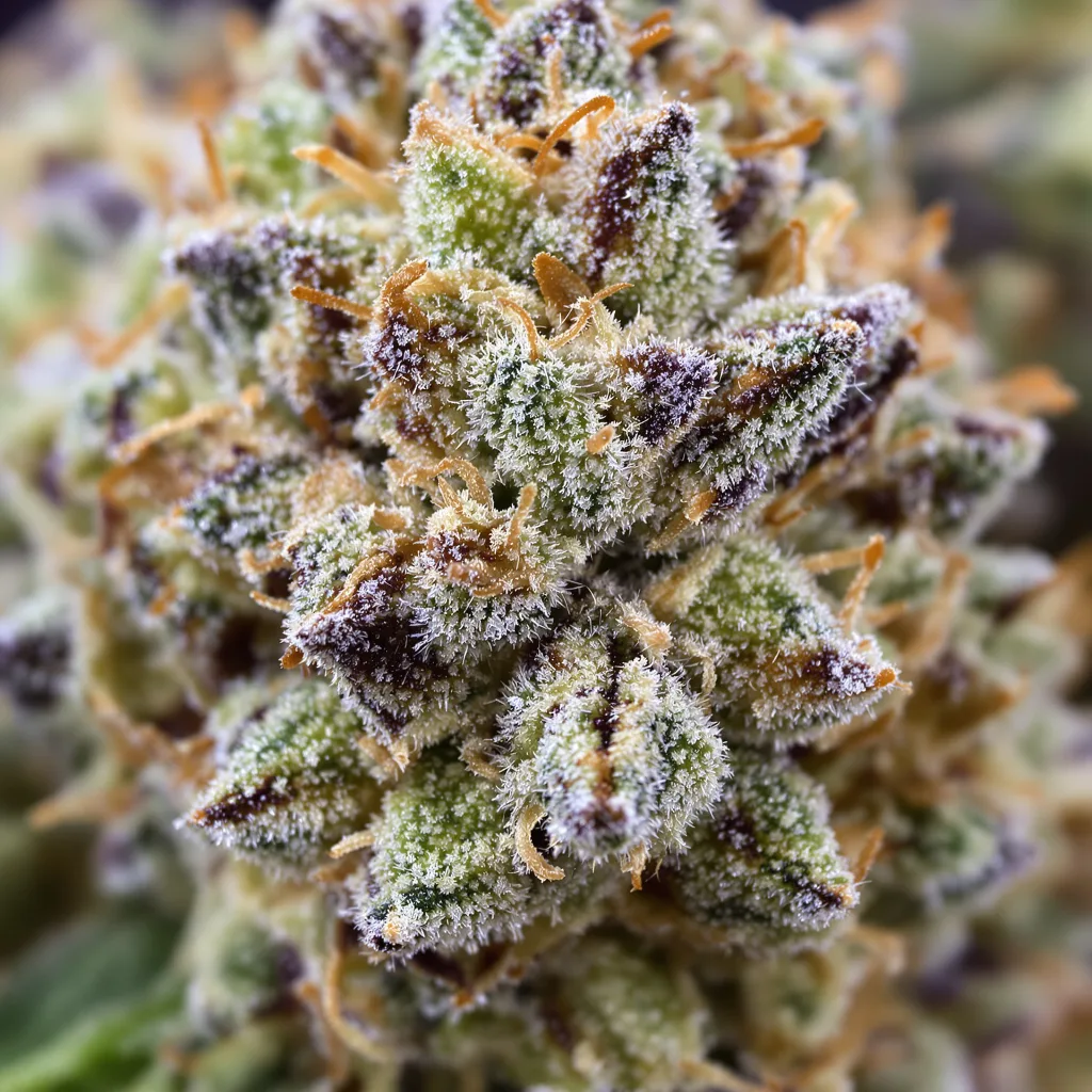 Bubblegum cannabis bud close-up showing balanced bud structure with frosted trichomes