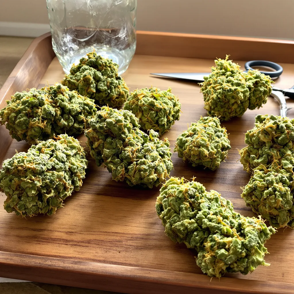 Bubblegum Haze 7% indica / 93% sativa flower with visible trichomes