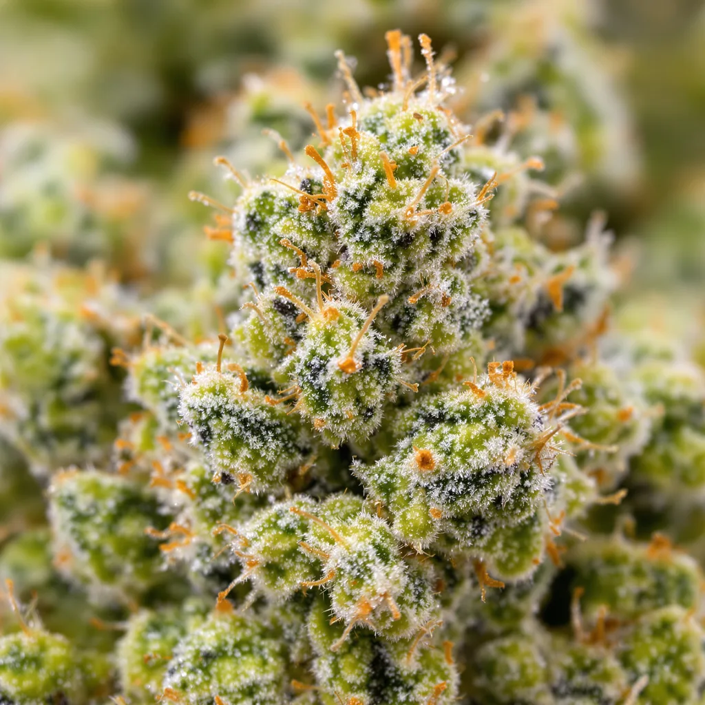 Bubblegum Haze cannabis bud close-up showing lime-green airy structure