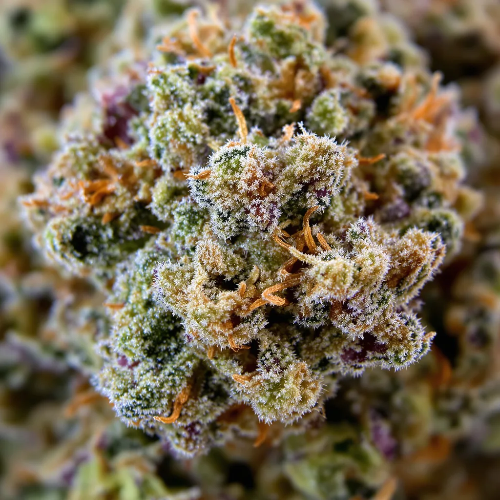 Bugatti cannabis bud close-up showing dense forest-green nugs