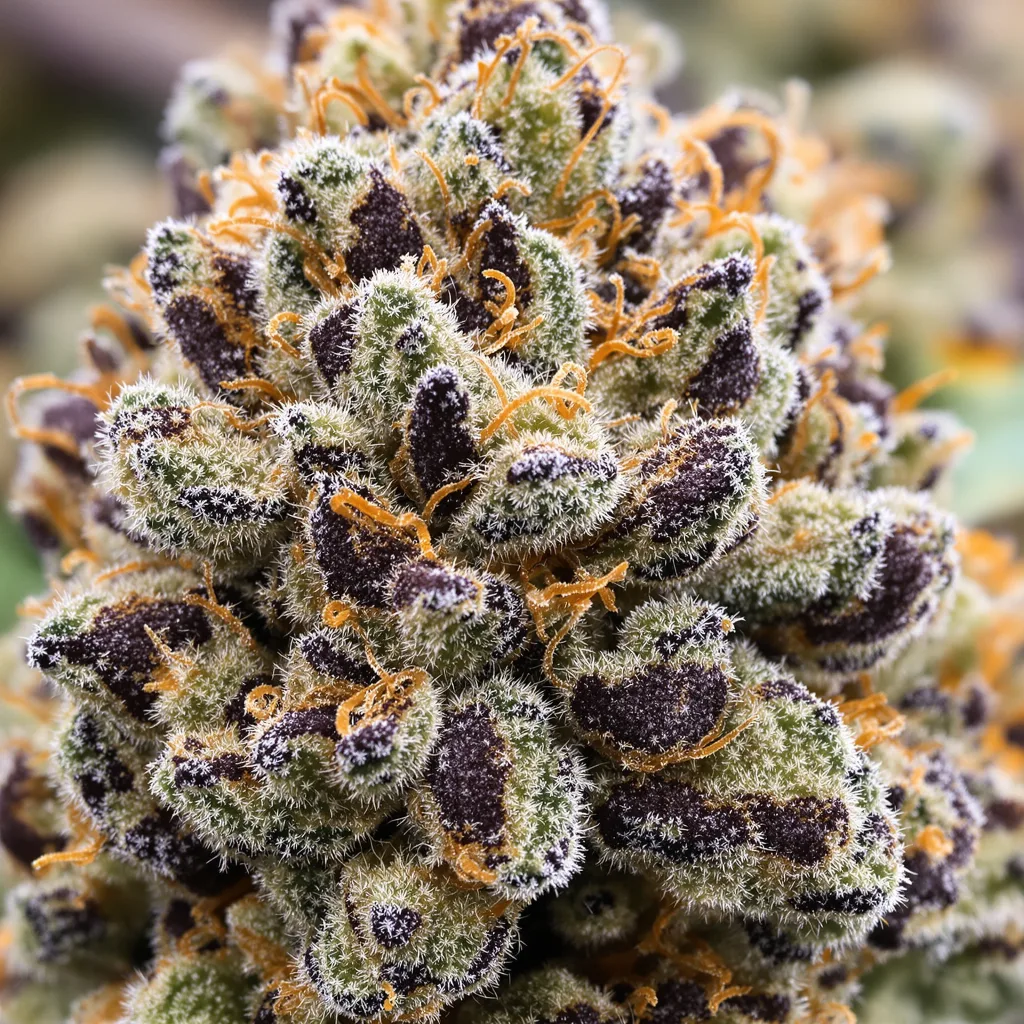 Burkle cannabis bud close-up showing dense purple-tinged calyxes