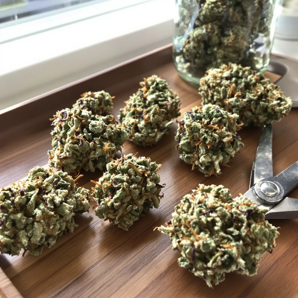Burmese Kush 50% indica / 50% sativa flower with visible trichomes
