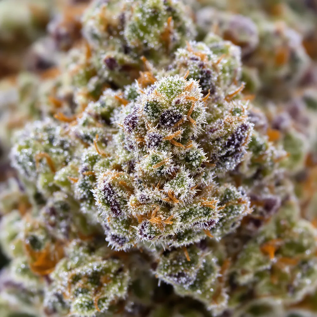 Burmese Kush cannabis bud close-up showing balanced bud structure with frosted trichomes