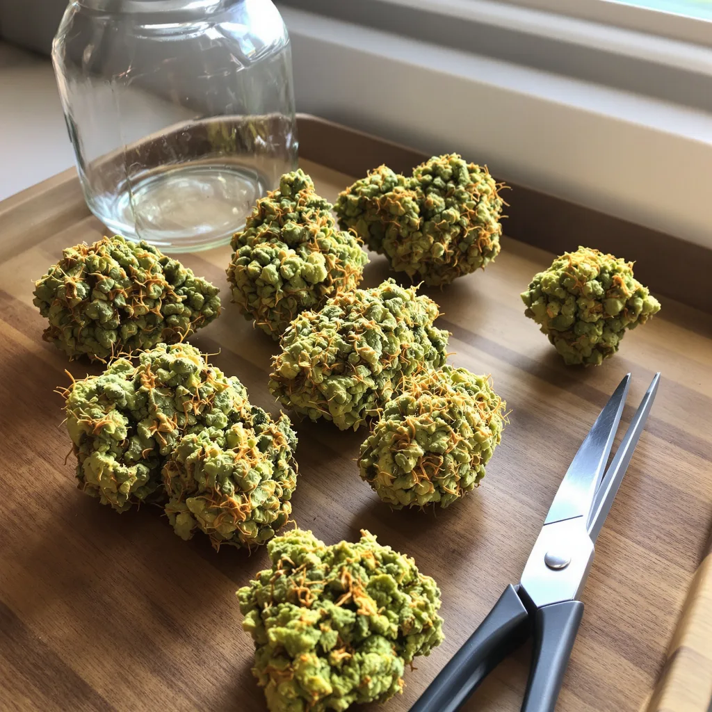 Butterscotch 14% indica / 86% sativa flower with visible trichomes