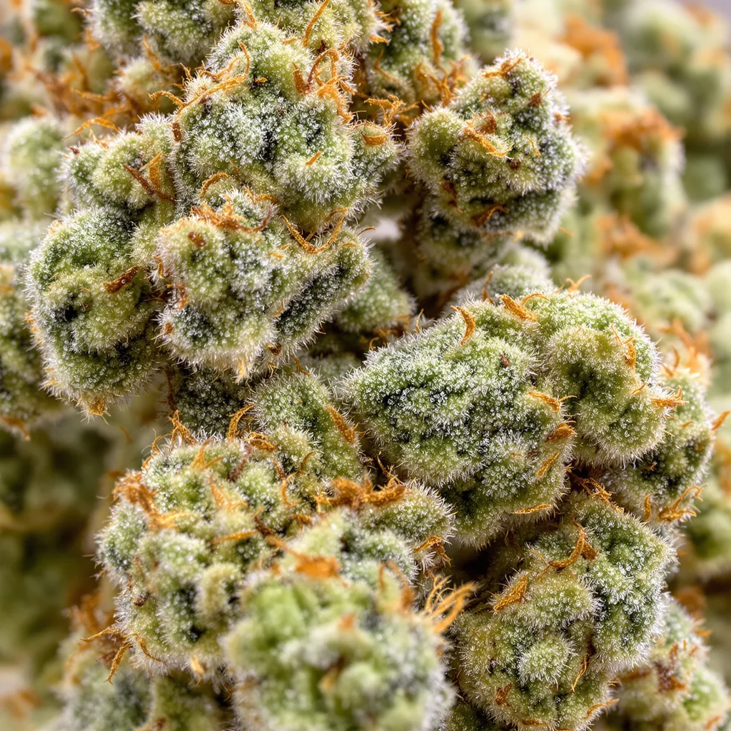 Butterscotch cannabis bud close-up showing lime-green airy structure