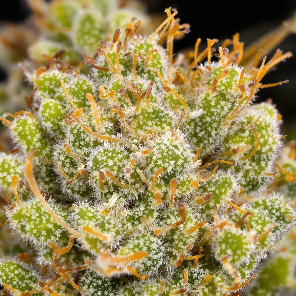Cactus cannabis bud close-up showing lime-green airy structure