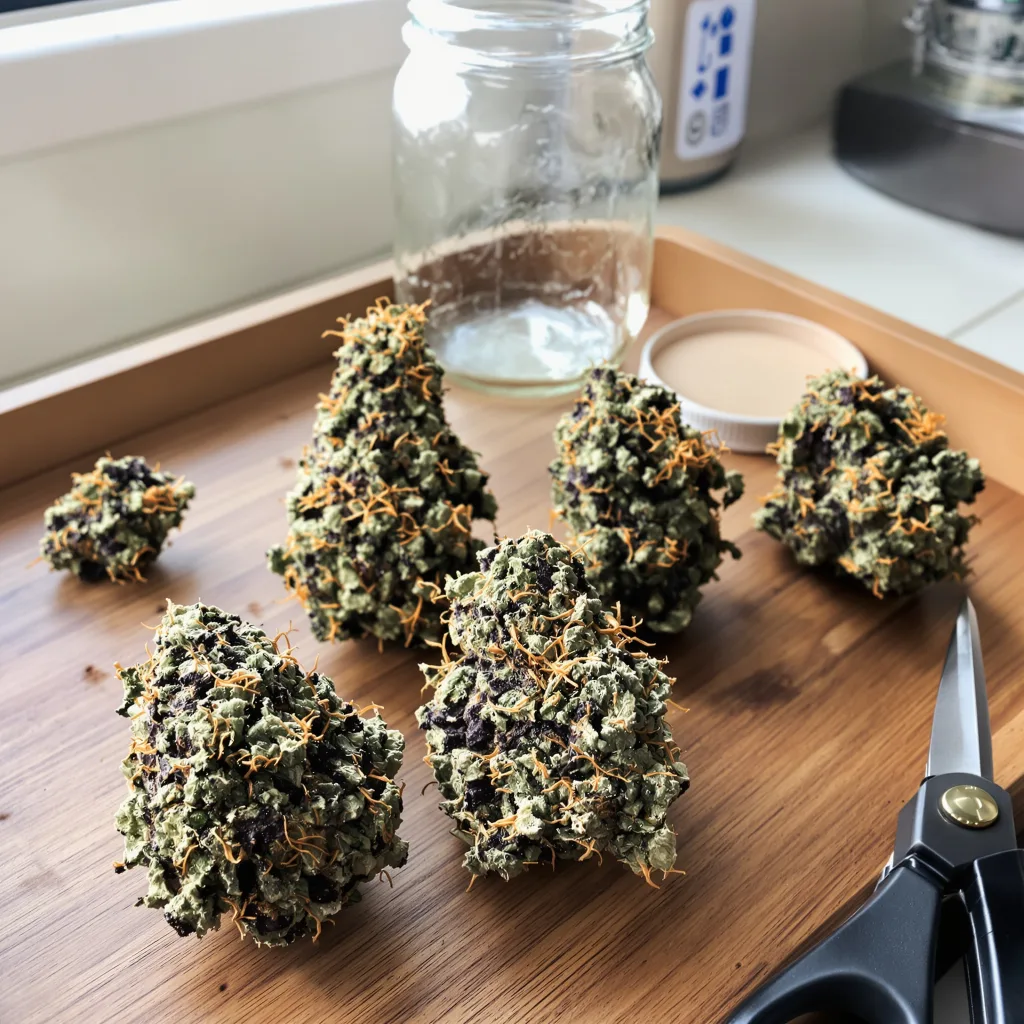 Caffeine Bomb 66% indica / 34% sativa flower with visible trichomes